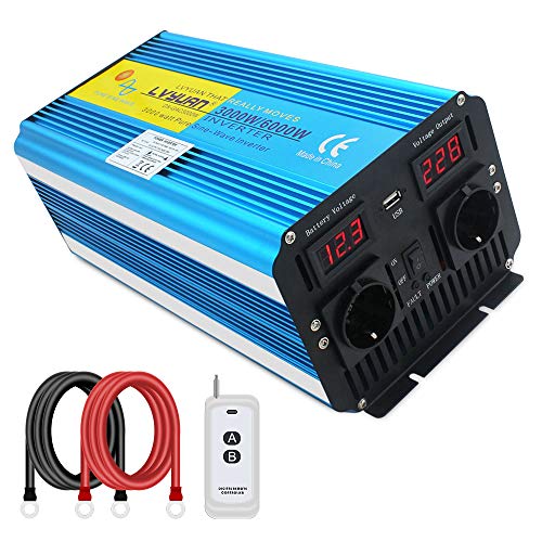 3000W KFZ Reiner Sinus Spannungswandler - Auto Wechselrichter 12v auf 230v Umwandler - Inverter Konverter mit 2 EU Steckdose und USB-Port - Fernsteuerung - Spitzenleistung 6000 Watt von Cantonape