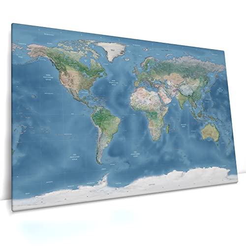 Pinnwand Weltkarte Relief Mittelblau - Leinwandbild, deutsche Beschriftung, Landkarte (140 x 90 cm, Pinnwand, Mittelblau) von CanvasArts