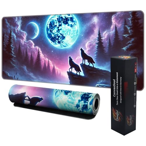 CanvasSoul Gaming Mauspad XXL – 3 mm Premium-Polsterung für präzises Gaming, rutschfeste Unterseite, Vernähte Ränder – stylisch & langlebig für Dein Setup (Lunar Wolf Night, 800 x 300 x 3 mm) von CanvasSoul