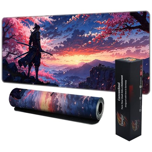 CanvasSoul Gaming Mauspad XXL – 3 mm Premium-Polsterung für präzises Gaming, rutschfeste Unterseite, Vernähte Ränder – stylisch & langlebig für Dein Setup (Samurai Blossom Red, 800 x 300 x 3 mm) von CanvasSoul