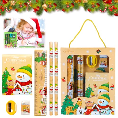 Weihnachten Schreibwaren Set, 6 Stücke Schreibwaren Geschenkset mit Radiergummi Anspitzer Weihnachtsstifte Lineal Notizbuch, Bleistift Weihnachten Notizbuch, Kinder Geburtstage Kinder Mitgebsel(A) von Capgoost