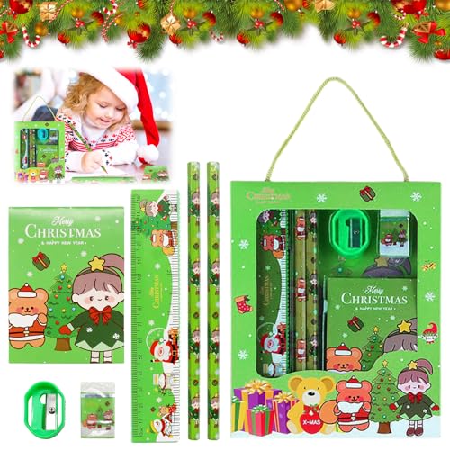 Weihnachten Schreibwaren Set, 6 Stücke Schreibwaren Geschenkset mit Radiergummi Anspitzer Weihnachtsstifte Lineal Notizbuch, Bleistift Weihnachten Notizbuch, Kinder Geburtstage Kinder Mitgebsel(B) von Capgoost