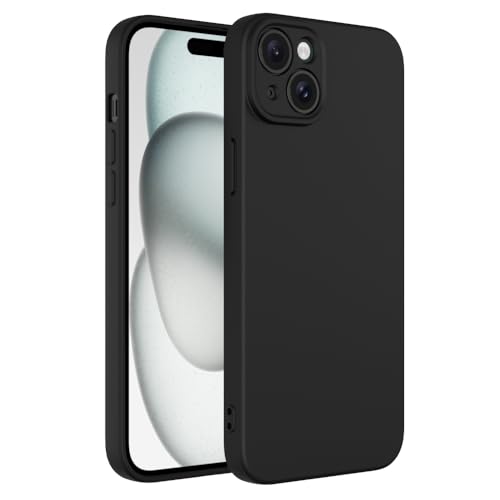 Captor Bunte Schutzhülle aus flüssigem Silikon für iPhone 15 Plus 6,7 Zoll, hohe Qualität mit erhöhtem Rand für Bildschirm und Kameraschutz, dünn, weich, mit Mikrofaser innen (Schwarz) von Captor