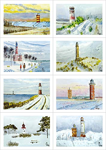 Card Kunstverlag 8 Kunstkarten Grußkarten Weihnachtskarten-Set mit Umschlag DIN B6 - Leuchttürme im Winter von Card Kunstverlag