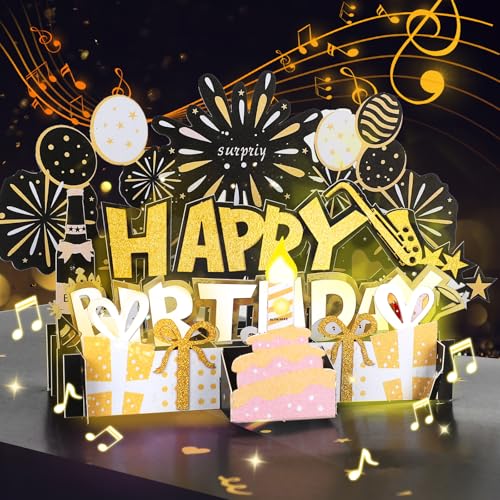 Cardaros Geburtstagskarten für Männer, Pop-Up-Geburtstagskarte, aufblasbar, LED-Kerzenlicht und Musik, Geburtstagsgeschenke für Frauen, Vater, Bruder, Enkel, Schwarz Gold von Cardaros