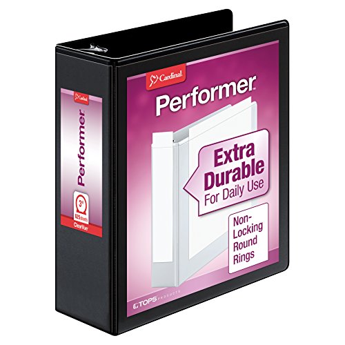 Cardinal 3-Ringbuch, Ordner für Schule und Büro, langlebiger 7,6 cm Performer ClearVue Ordner, runde Ringe, 625 Blatt Kapazität, anpassbare ClearVue-Einband, PVC-frei, Schwarz (67525) von Cardinal