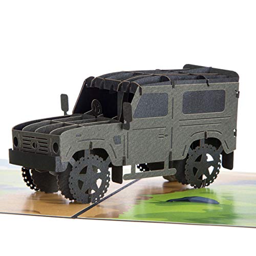 Cardology – Off-Road-Pop-Up-Karte, von Land Rover Defender inspirierte Geburtstagskarte, Vatertagskarten, handgefertigt für Herren (grau|weiß|grün|schwarz|braun, 15 cm x 20 cm) von Cardology