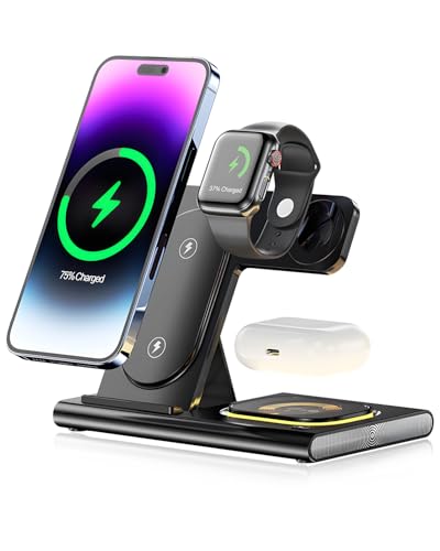Carehabi 3 in 1 Drahtloses Ladegerät, Faltbare Schnellladestation für iPhone 16 15 14 13 12 11 X Pro Max, Verstellbarer Telefonständer Ladegerät für Apple Watch und Air Pods Pro von Carehabi