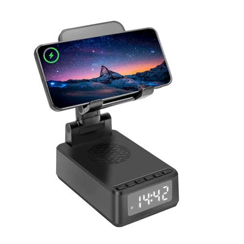 Carehabi 5 in 1 Bluetooth Lautsprecher mit Handyhalterung, Wireless Charger Handyhalter mit Wecker Digital, Geschenke für Männer Papa Mama Frauen, Geburtstagsgeschenk von Carehabi