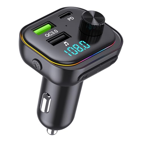 FM Transmitter Bluetooth V5.3-54W (PD 36W&18W) 3 USB Port Ladegerät Autoadapter Wireless Radio Receiver LED Display 32GB USB Drive mit mit 7 Farben Umgebungslicht und Lichtschalter von Carehabi