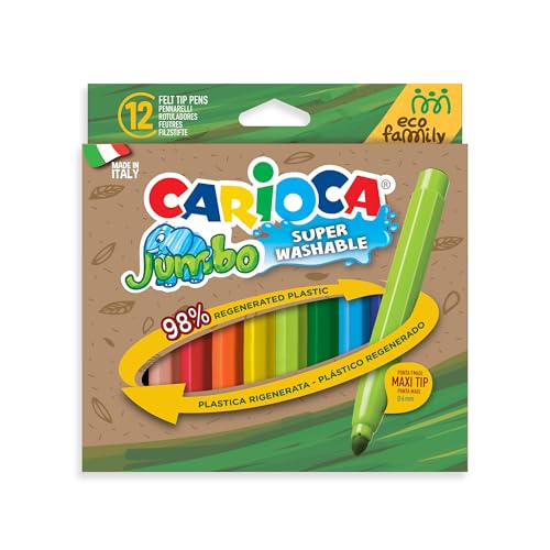 Carioca Jumbo Eco-Marker | Box mit 12 superwaschbaren Filzstiften aus 98% Regenerat-Kunststoff | verschiedene Farben | Spitze Ø 6 mm | 12 Stück von Carioca