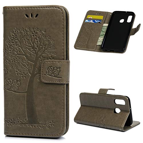 A40 Handytasche Kompatible für Samsung Galaxy A40 2019 Hülle PU Leder Tasche Handyhülle Eule Baum Muster Flip Case Cover Schutzhülle Skin Ständer Klapphülle Schale Bumper Magnet Clip Deckel-Grau von CarittiM