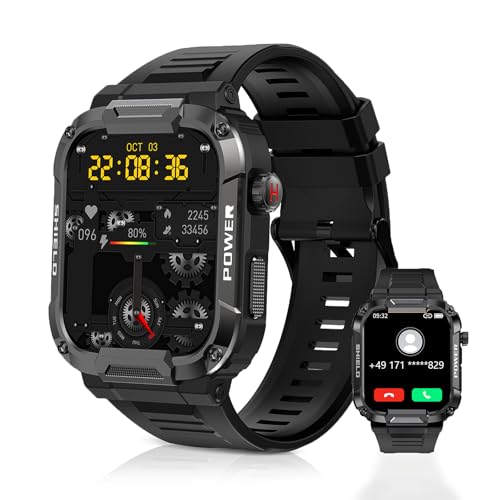 Carneedi Smartwatch Herren Militär, Anrufe tätigen/empfangen, IP68 Wasserdicht, Sportuhr mit 100+ Sportmodi, Outdoor Fitnessuhr für Android iOS (Schwarz) von Carneedi