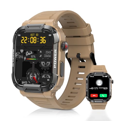 Carneedi Smartwatch Herren Militär, Anrufe tätigen/empfangen, IP68 Wasserdicht, Sportuhr mit 100+ Sportmodi, Outdoor Fitnessuhr für Android iOS(Gelb) von Carneedi