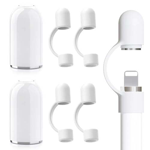 Carreuty 2 Stück Pencil Kappe Kompatibel mit Apple Pencil 1. Generation (2 Stück Weiß Kappe, 4 Stück Kappenhalter) Magnetische Ersatzkappe und Silikon Cap Anti-Lost Ersatzkappe Zubehör von Carreuty