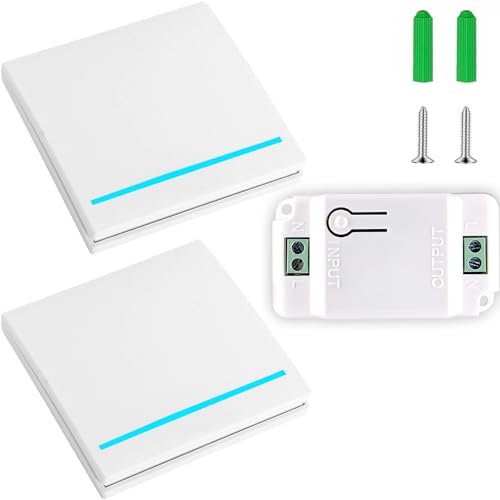 Funk Lichtschalter, 230V Funk Lichtschalter Set, Funk-Wandschalter, Funk Schalter für Lampe bis 1500W, Bis 30m Reichweite, Keine Verkabelung Erforderlich(1 Empfänger + 2 Schalter) von Carseatty