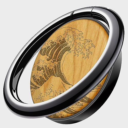 Carveit Handy Fingerhalterung Smartphone Ring Handy Ring, Handyring Holz & Metall Handyring aus kompatibel iPhone, Samsung, Google Pixel, Schwarz-Kirschholz/Die große Welle [1 Stücke] von Carveit