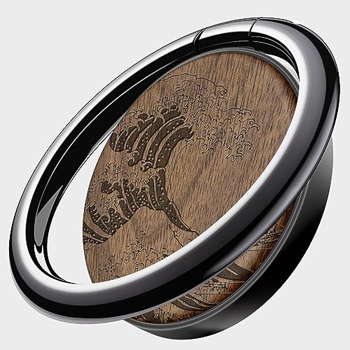 Carveit Handy Fingerhalterung Smartphone Ring Handy Ring, Handyring Holz & Metall Handyring aus kompatibel iPhone, Samsung, Google Pixel, Schwarz-Nussbaum/Die große Welle [1 Stücke] von Carveit