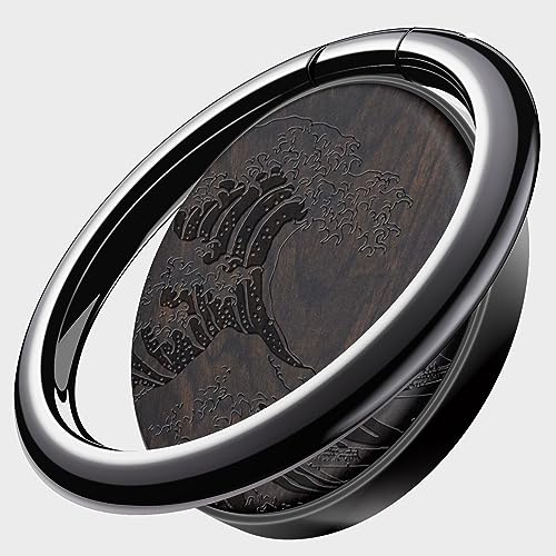 Carveit Handy Fingerhalterung Smartphone Ring Handy Ring, Handyring Holz & Metall Handyring aus kompatibel iPhone,Samsung,Google Pixel,Schwarz-Dunklesholz/Die große Welle [1 Stücke] von Carveit