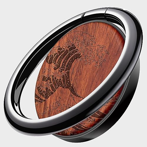 Carveit Handy Fingerhalterung Smartphone Ring Handy Ring, Handyring Holz & Metall Handyring aus kompatibel iPhone,Samsung,Google Pixel,Schwarz-Rosig/Die große Welle [1 Stücke] von Carveit