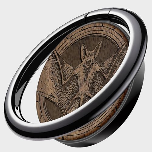 Carveit Handy Fingerhalterung Smartphone Ring Handy Ring, Handyring Holz & Metall aus kompatibel iPhone, Samsung, Pixel, Schwarz-Nussbaum/Fledermaus [1 Stücke] von Carveit