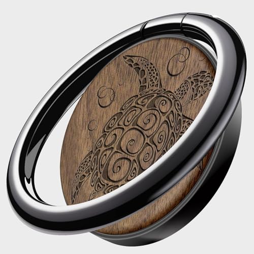 Carveit Handy Fingerhalterung Smartphone Ring Handy Ring, Handyring Holz & Metall aus kompatibel iPhone, Samsung, Pixel, Schwarz-Nussbaum/Meeresschildkröte [1 Stücke] von Carveit