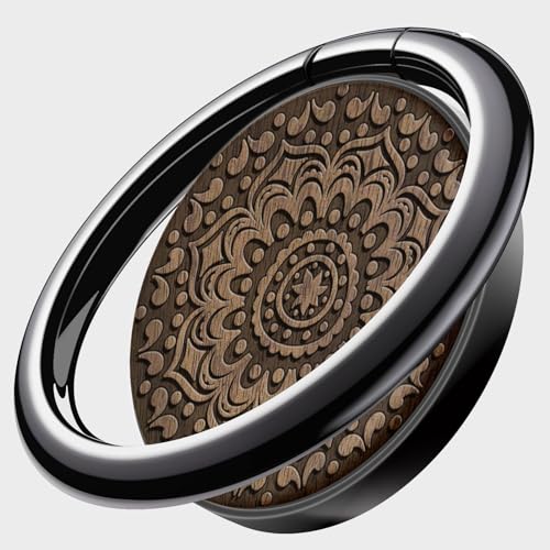 Carveit Handy Fingerhalterung Smartphone Ring Handy Ring, Handyring Holz & Metall aus kompatibel iPhone, Samsung, Pixel, Schwarz-Nussbaum-Kunst/Mandala-Kunst [1 Stücke] von Carveit