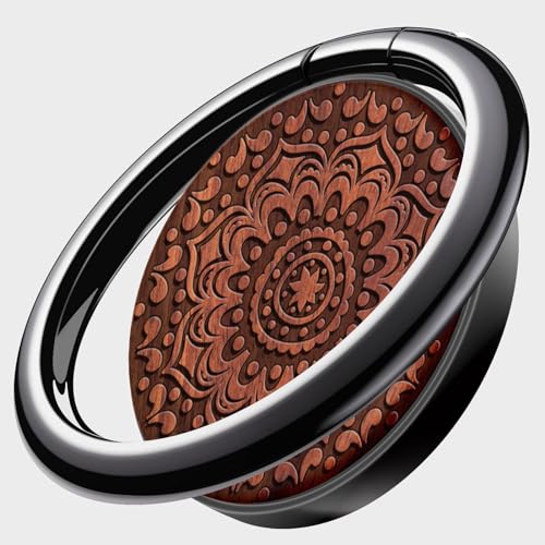 Carveit Handy Fingerhalterung Smartphone Ring Handy Ring, Handyring Holz & Metall aus kompatibel iPhone,Samsung,Pixel,Schwarz-Rosig/Mandala-Kunst [1 Stücke] von Carveit