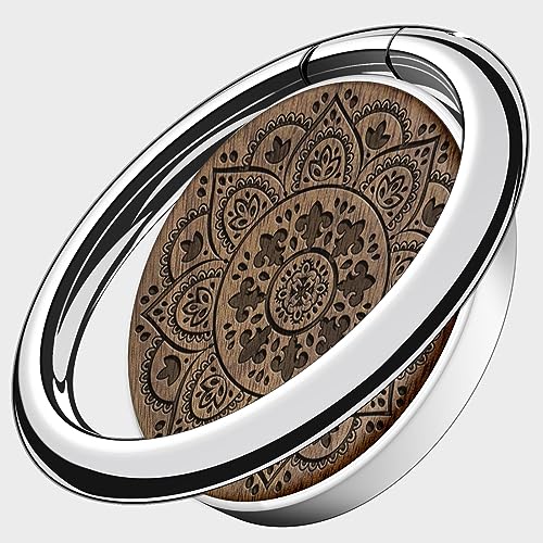 Carveit Handy Ring Ringhalter, 360°Drehung Handyring, Metall & Holz Ringgriff für, iPhone 14 Pro Max/13, Galaxy S23 Ultra/S22 Plus, Pixel, Silber-Nussbaum/Mandala [1 Stücke] von Carveit