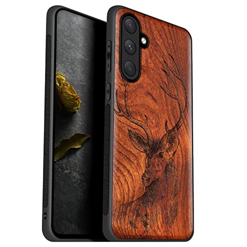 Carveit Handyhülle für Galaxy A34 5G Case Holz Cover Natürliches Massivholz Kompatibel mit Samsung A34 5g hülle TPU Silikon Stoßfeste Stoßstange Handyhulle（Rosig-Rehkopf） von Carveit