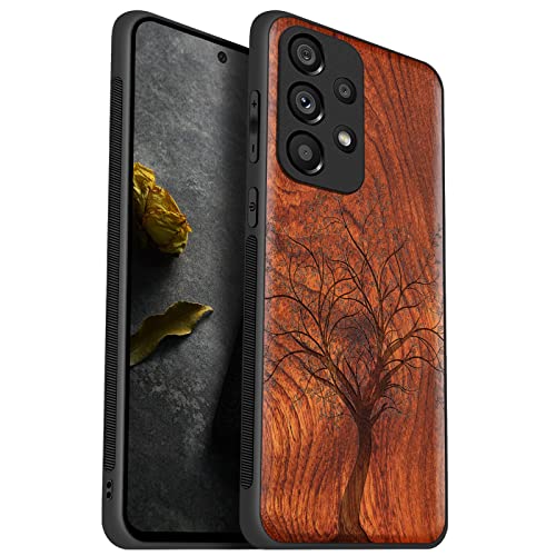 Carveit Handyhülle für Galaxy A53 5G Case [Holz und TPU Silikon Hybrid hülle] Stoßfeste Stoßstange handyhülle Kompatibel mit Samsung A53 5g Hulle Cover（Rosig Holz-Belaubter Baum） von Carveit