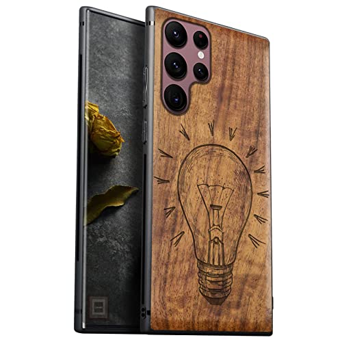 Carveit Handyhülle für Galaxy S22 Ultra Case [Holz und TPU Silikon Hybrid hülle] Stoßfeste Stoßstange handyhülle Kompatibel mit Samsung S22 Ultra Hull Massivholz Cover（Nussbaum-Glühbirne） von Carveit