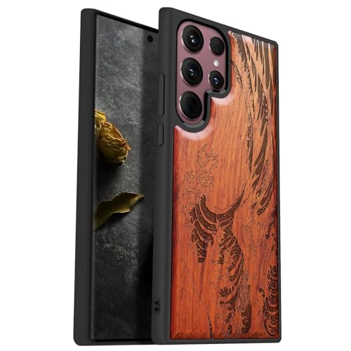 Carveit Handyhülle für Galaxy S22 Ultra Case [Holz und TPU Silikon Hybrid hülle] Stoßstange handyhülle Kompatibel mit Samsung S22 Ultra Massivholz Cover（Rosenholz-Die große Welle vor Kanagawa） von Carveit