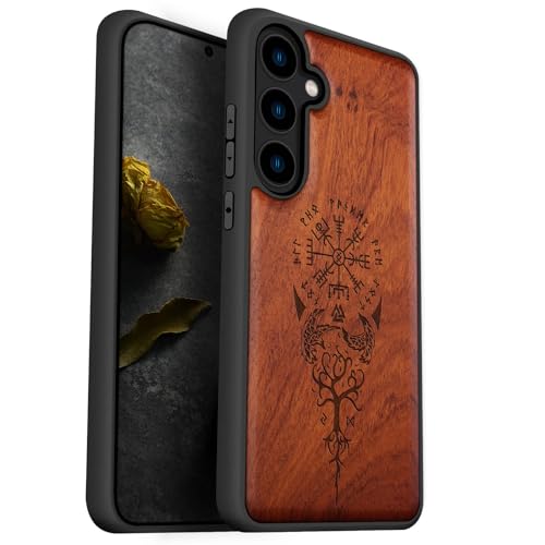 Carveit Handyhülle für Galaxy S24 5G Case [Holz und TPU Silikon Hybrid hülle] handyhulle Kompatibel mit Samsung S24 5G Hull Holzdesign Cover（Rosig-Wikingerkompass Vegvisir） von Carveit