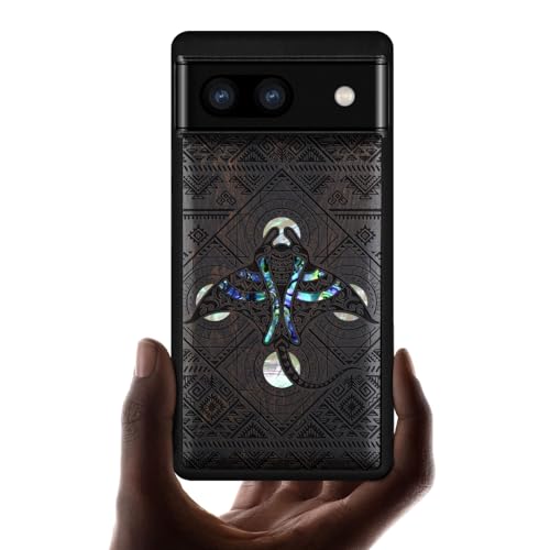 Carveit Handyhülle für Google Pixel 6a hülle Luxus Case [Holzgravur & Muschel Inlay] Stoßfeste Stoßstange handyhulle Kompatibel mit Pixel 6a Cover（Dunklesholz-Die Stammes-Manta-Rochen） von Carveit