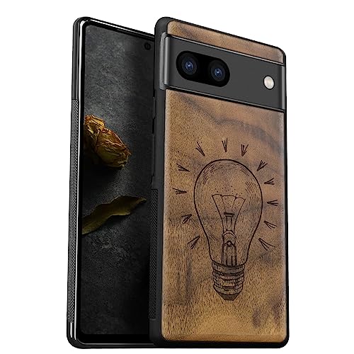 Carveit Handyhülle für Google Pixel 7a Case [Holz und TPU Silikon Hybrid hülle] Stoßfeste Stoßstange handyhulle Kompatibel mit Pixel 7a Massivholz Cover（Nussbaum-Glühbirne） von Carveit