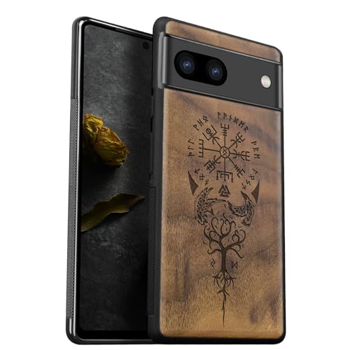 Carveit Handyhülle für Google Pixel 8 Case [Holz und TPU Silikon Hybrid hülle] handyhulle Kompatibel mit Pixel 8 Hull Cover（Nussbaum-Wikingerkompass Vegvisir） von Carveit