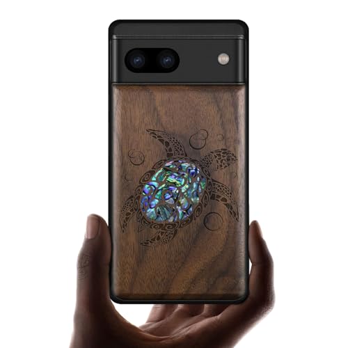 Carveit Handyhülle für Google Pixel 8a hülle Luxus Case [Holzgravur & Muschel Inlay] Stoßfeste Stoßstange handyhulle Kompatibel mit Pixel 8a Cover（Nussbaum-Meeresschildkröte） von Carveit
