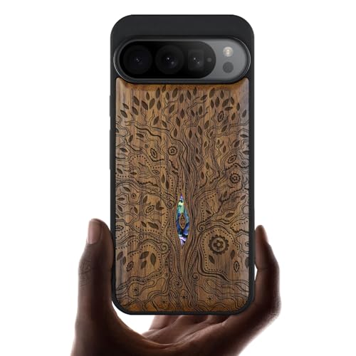 Carveit Handyhülle für Google Pixel 9 Pro hülle Luxus Case [Holzgravur & Muschel Inlay] Stoßfeste Stoßstange handyhulle Kompatibel mit Pixel 9 Pro Cover（Nussbaum-Baum des Lebens） von Carveit