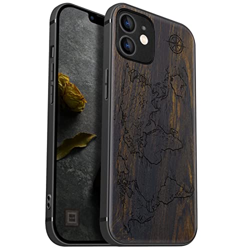 Carveit Handyhülle für iPhone 12 Cover Kompatibel Magsafe [Holz und TPU Silikon hülle] Magnetisch Hull für Apple 12 Case Einzigartiges Holzdesign（Dunklesholz-Kompasskarten） von Carveit
