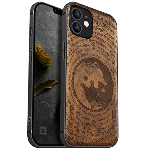 Carveit Handyhülle für iPhone 12 Holz Cover kompatibel MagSafe mit Apple Case Magnetischen Ladegeräten Massivholz Kompatibel mit 12 hulle（Nussbaum-Wolf der Sonne und Mond） von Carveit