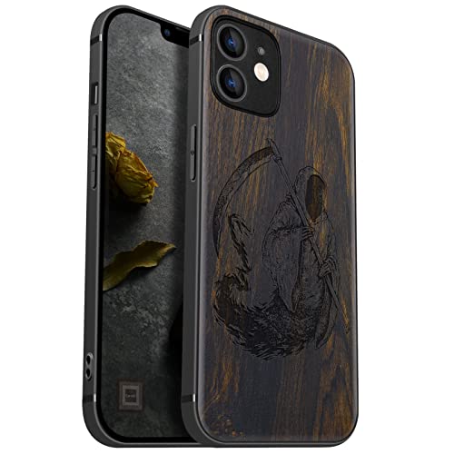 Carveit Handyhülle für iPhone 12 Holz Cover kompatibel MagSafe mit Apple magnetischen Ladegeräten Massivholz Kompatibel mit 12 hulle（Dunklesholz-der Sensenmut） von Carveit