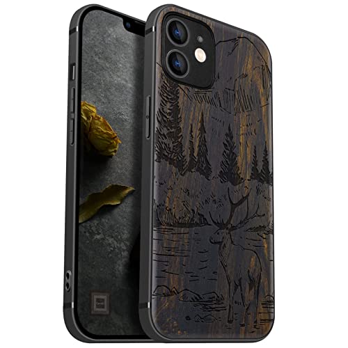 Carveit Handyhülle für iPhone 12 Holz Cover kompatibel MagSafe mit Apple & QI drahtlosen magnetischen Ladegeräten Massivholz Kompatibel mit 12 hulle（Dunklesholz-Berge und Hirsche） von Carveit