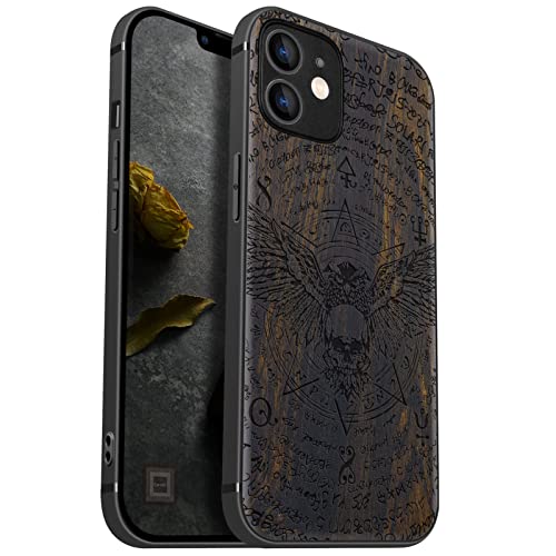 Carveit Handyhülle für iPhone 12 Holz Cover kompatibel MagSafe mit Apple & QI drahtlosen magnetischen Ladegeräten Massivholz Kompatibel mit 12 hulle（Dunklesholz-Eule und Schädel） von Carveit