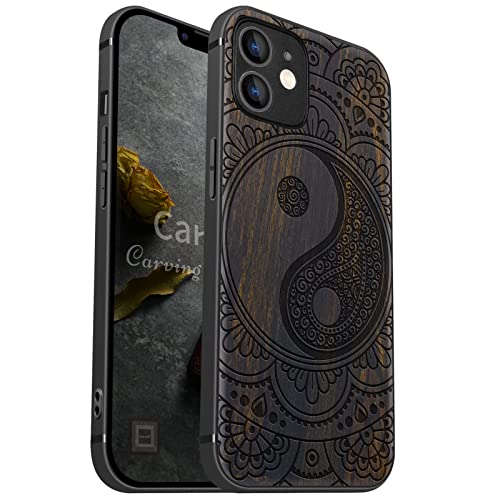 Carveit Handyhülle für iPhone 12 Holz Cover kompatibel MagSafe mit Apple & QI drahtlosen magnetischen Ladegeräten Massivholz Kompatibel mit 12 hulle（Dunklesholz-Mandala mit Yin-Yang） von Carveit