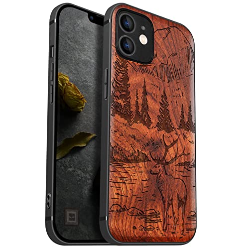 Carveit Handyhülle für iPhone 12 Holz Cover kompatibel MagSafe mit Apple & QI drahtlosen magnetischen Ladegeräten Massivholz Kompatibel mit 12 hulle（Rosig-Berge und Hirsche） von Carveit