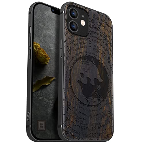 Carveit Handyhülle für iPhone 12 Holz Cover kompatibel mit Apple MagSafe Case Magnetischen Ladegeräten Massivholz Kompatibel mit 12 hulle（Dunklesholz-Wolf der Sonne und Mond） von Carveit