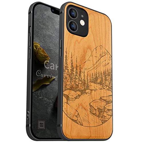 Carveit Handyhülle für iPhone 12 Holz Cover kompatibel mit Apple MagSafe & QI drahtlosen magnetischen Ladegeräten Massivholz Kompatibel mit 12 hulle（Kirschholz-Wilde Naturlandschaft） von Carveit