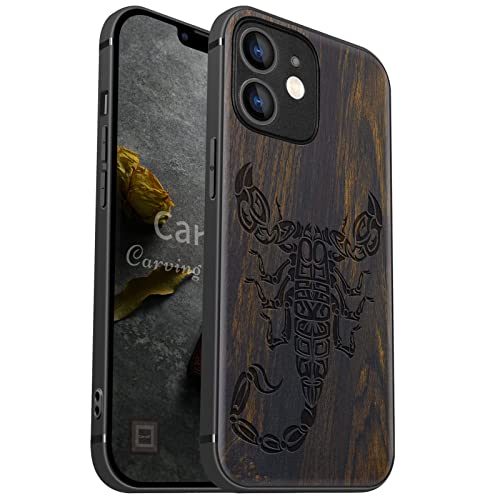 Carveit Handyhülle für iPhone 12 Mini Holz Cover kompatibel MagSafe mit Apple & QI drahtlosen magnetischen Ladegeräten Massivholz Kompatibel mit 12 Mini hulle（Dunklesholz-Skorpion-Stamm） von Carveit