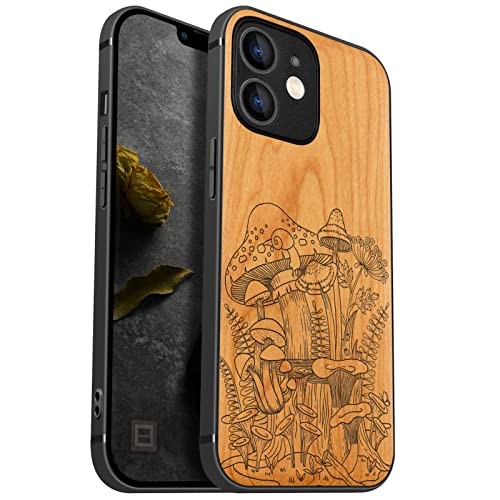 Carveit Handyhülle für iPhone 12 Mini Holz Cover kompatibel mit Apple MagSafe Case Magnetischen Ladegeräten Massivholz Kompatibel mit 12 Mini hulle（Kirschholz-Vintage-Pilze） von Carveit